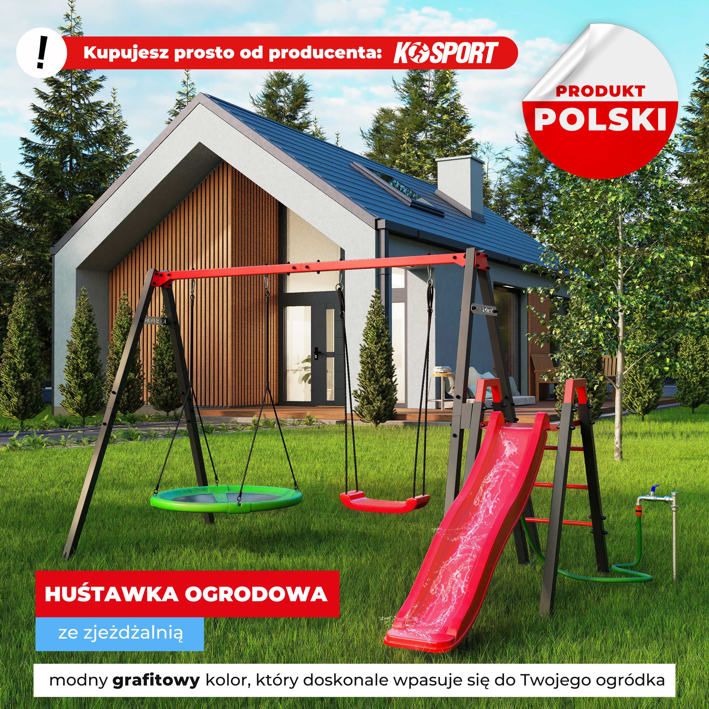 Bocianie gniazdo z zjeżdżalnią dla dzieci na ogrodowym placu zabaw