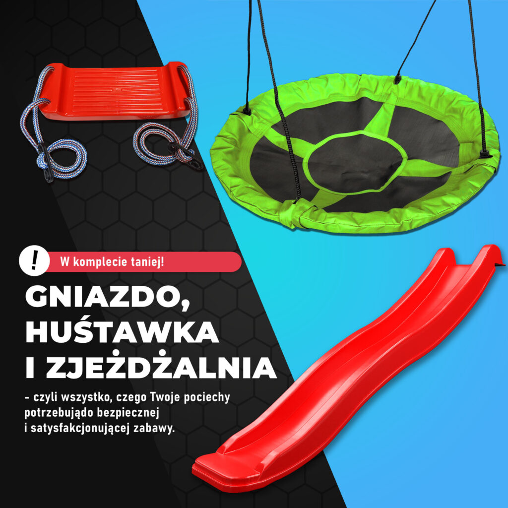 Huśtawka Bocianie Gniazdo i zjeżdżalnia Ogrodowa dla dzieci