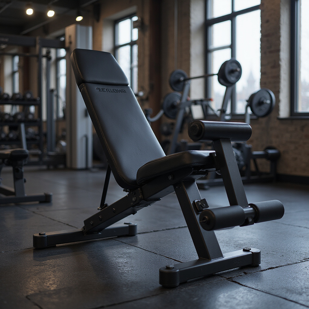 Alt-text: Zdjęcie stabilnej ławeczki treningowej z regulowanym oparciem i antypoślizgowymi nakładkami, idealnej do domowych ćwiczeń.