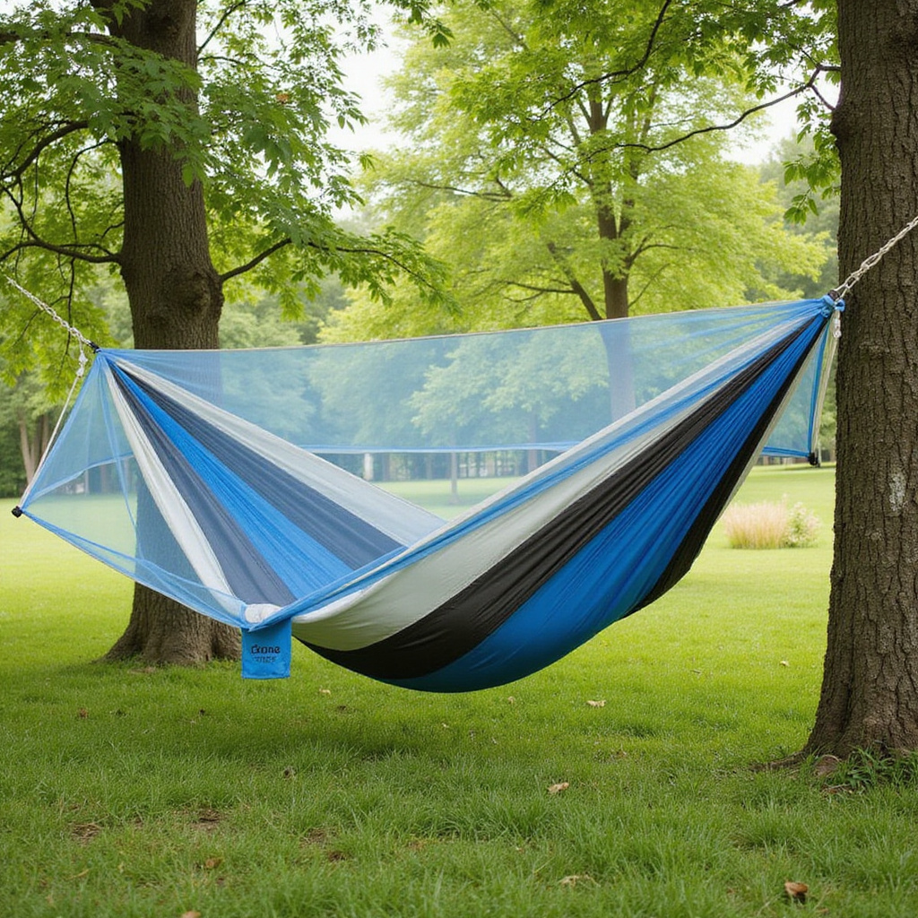 Alt-text: Dwa hamaki zawieszone w ogrodzie - jeden z siatką, drugi bez siatki, otoczone zielenią i słońcem.