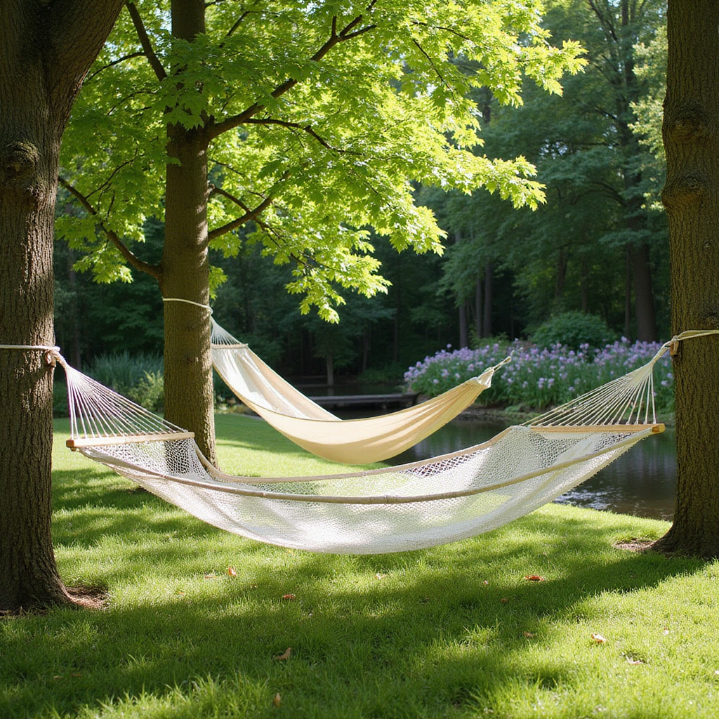 Alt-text: Dwa hamaki zawieszone w ogrodzie - jeden z siatką, drugi bez siatki, otoczone zielenią i słońcem.