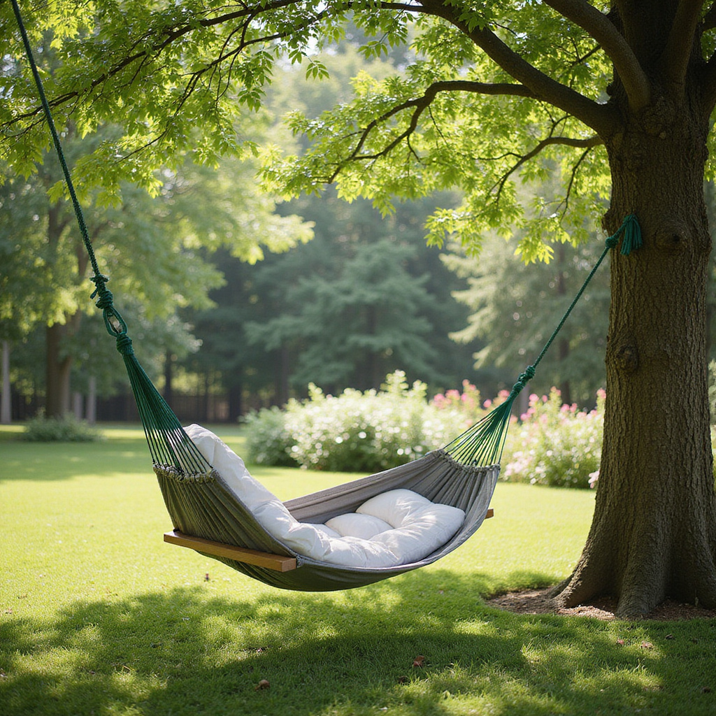 Alt-text: Kobieta leżąca w hamaku ogrodowym, otoczona zielenią, z zamkniętymi oczami i uśmiechem na twarzy, relaksująca się w słoneczny dzień.