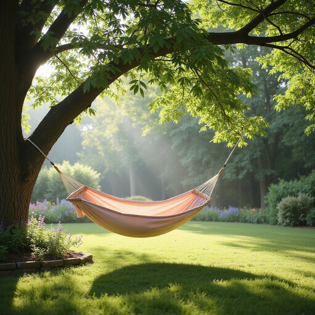 Alt-text: Kobieta leżąca w hamaku ogrodowym, otoczona zielenią, z zamkniętymi oczami i uśmiechem na twarzy, relaksująca się w słoneczny dzień.