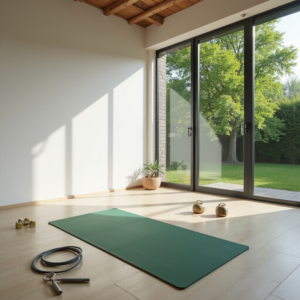 Alt-text: Mężczyzna wykonujący ćwiczenia na trampolinie sportowej w domowym zaciszu.