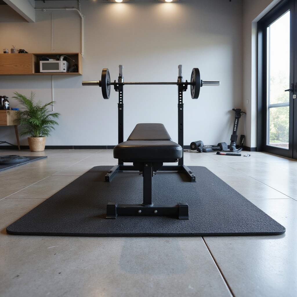 Alt-text: Zdjęcie przedstawiające kompleksowy zestaw do treningu siłowego, w tym ławeczkę, matę podłogową, stojaki na sztangę i modlitewnik.