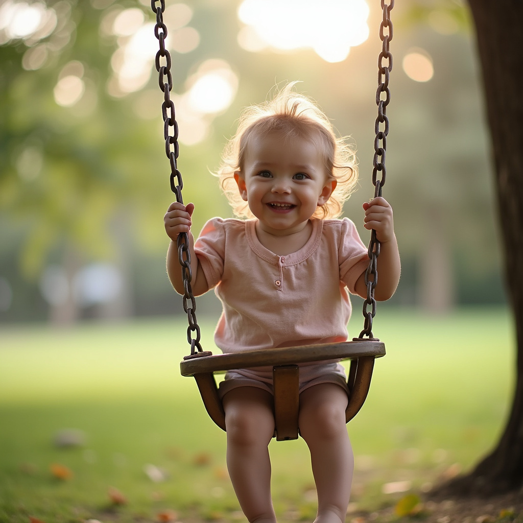Dziecko uśmiecha się, bujając się na huśtawce na placu zabaw, rozwijając koordynację ruchową i równowagę.