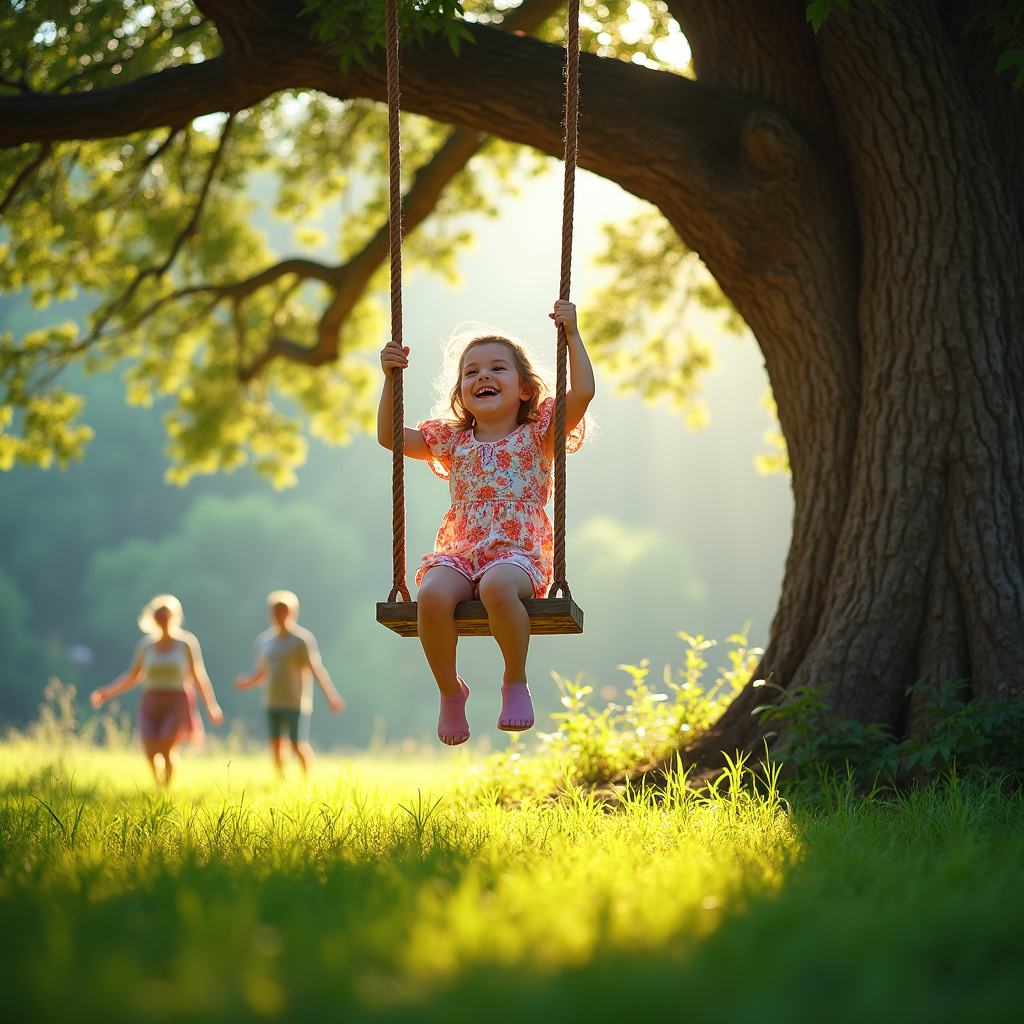 Dziecko uśmiecha się, bujając się na huśtawce na placu zabaw, rozwijając koordynację ruchową i równowagę.