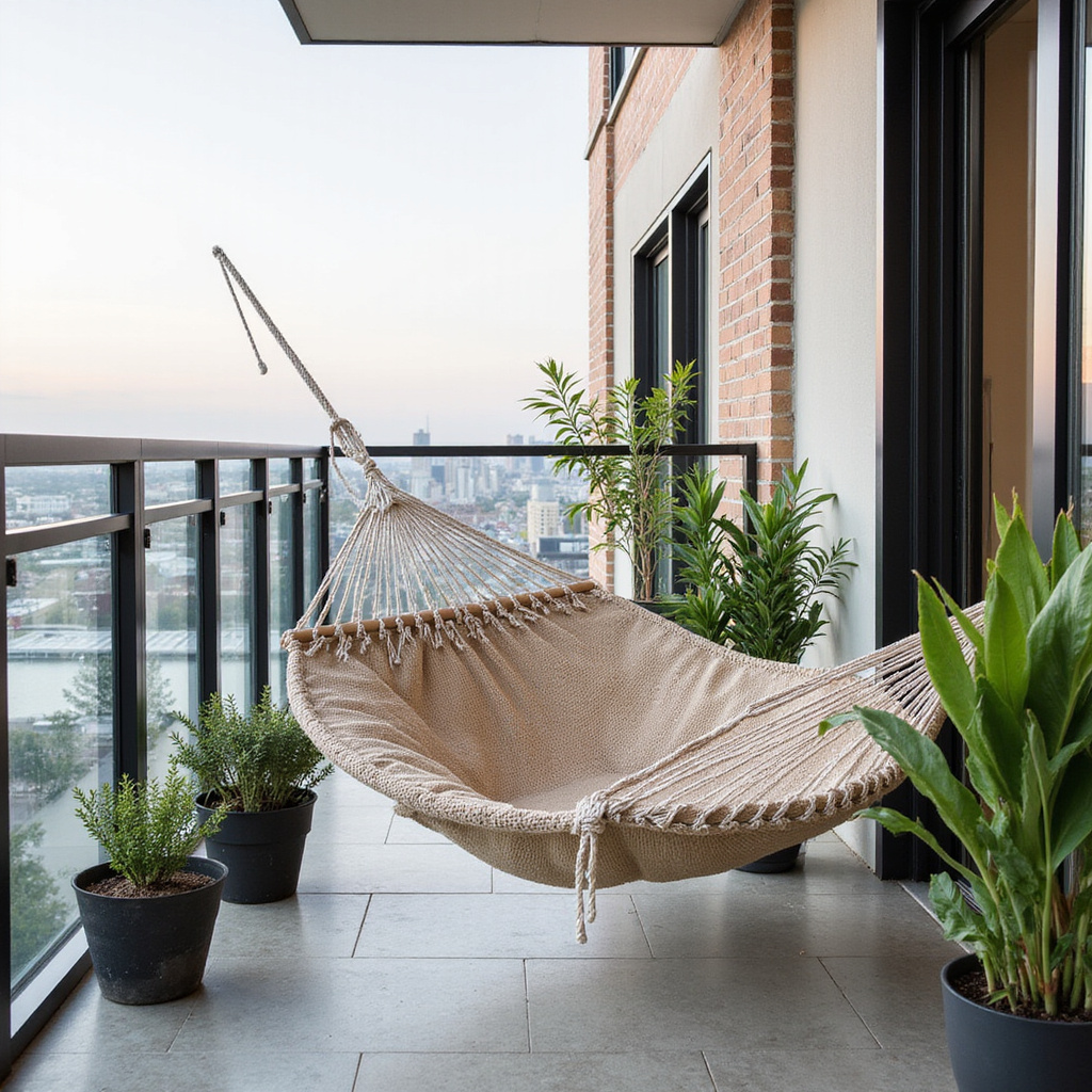 Alt-text: Kobieta relaksująca się w hamaku na balkonie, otoczona zielenią, z książką w ręce.