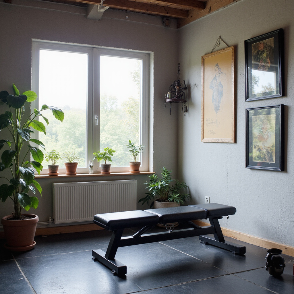 Alt-text: Mężczyzna ćwiczący na ławeczce treningowej w dobrze wentylowanym pomieszczeniu z otwartym oknem i wentylatorem.