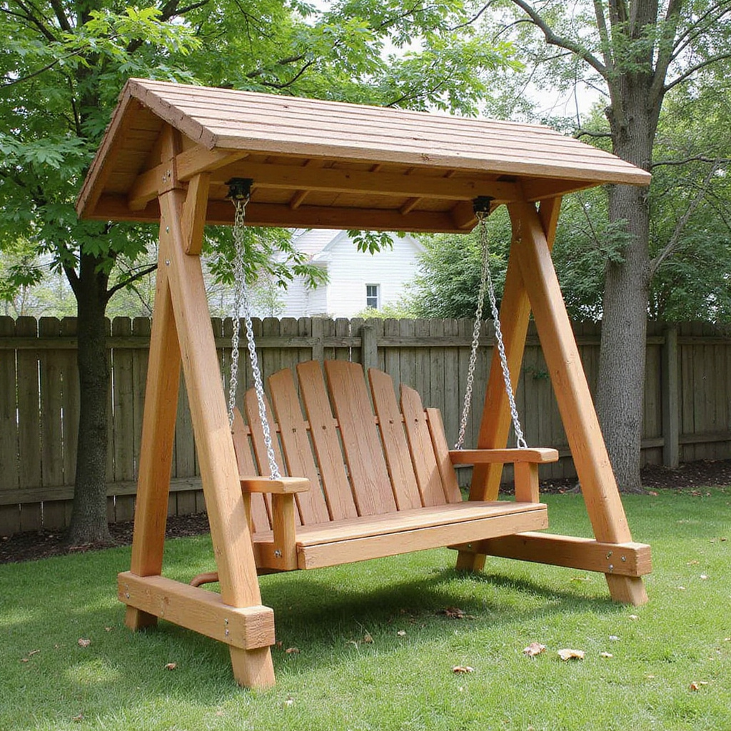 Alt-text: Huśtawka ogrodowa pokryta pokrowcem ochronnym, zabezpieczona przed deszczem i śniegiem.