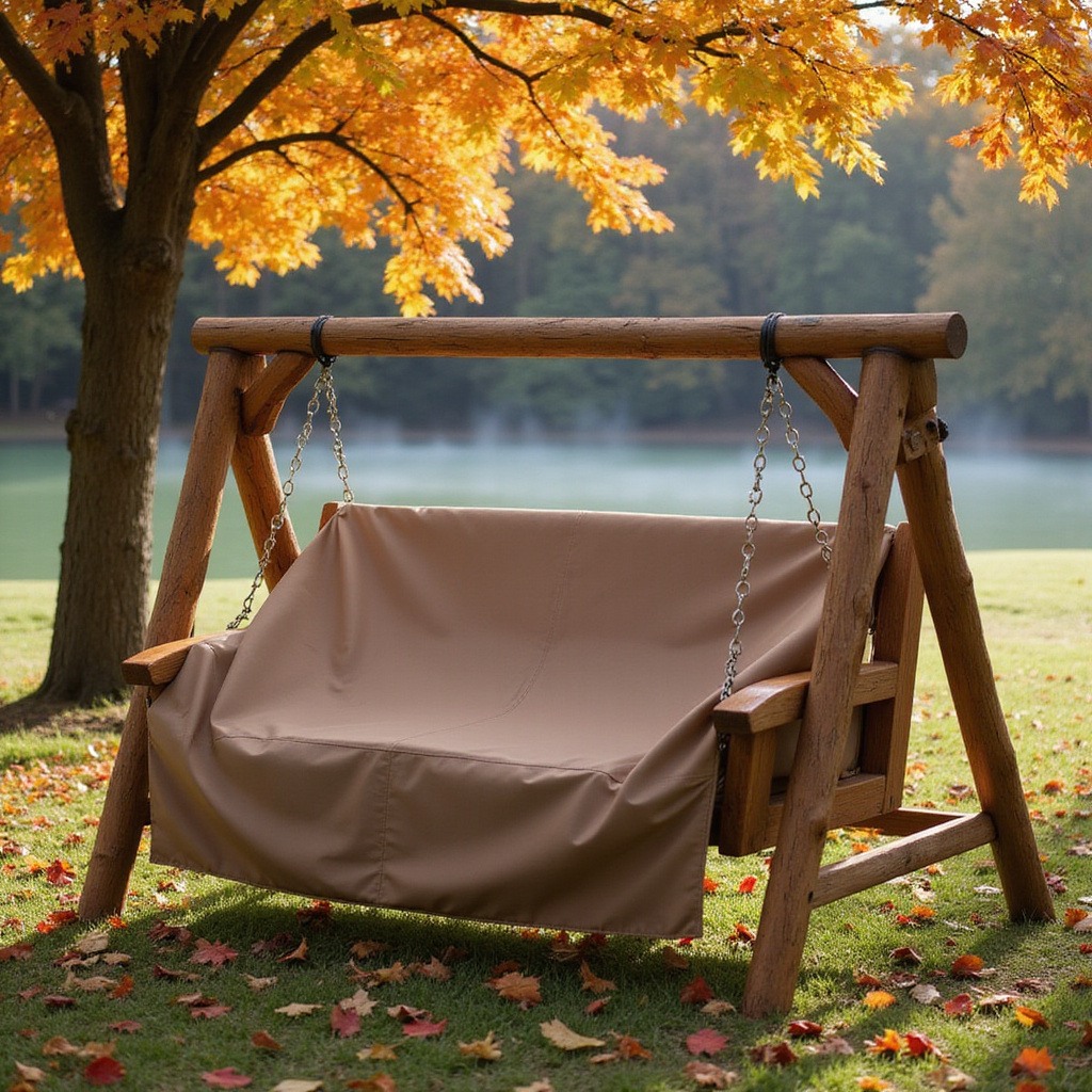 Alt-text: Huśtawka ogrodowa pokryta pokrowcem ochronnym, zabezpieczona przed deszczem i śniegiem.