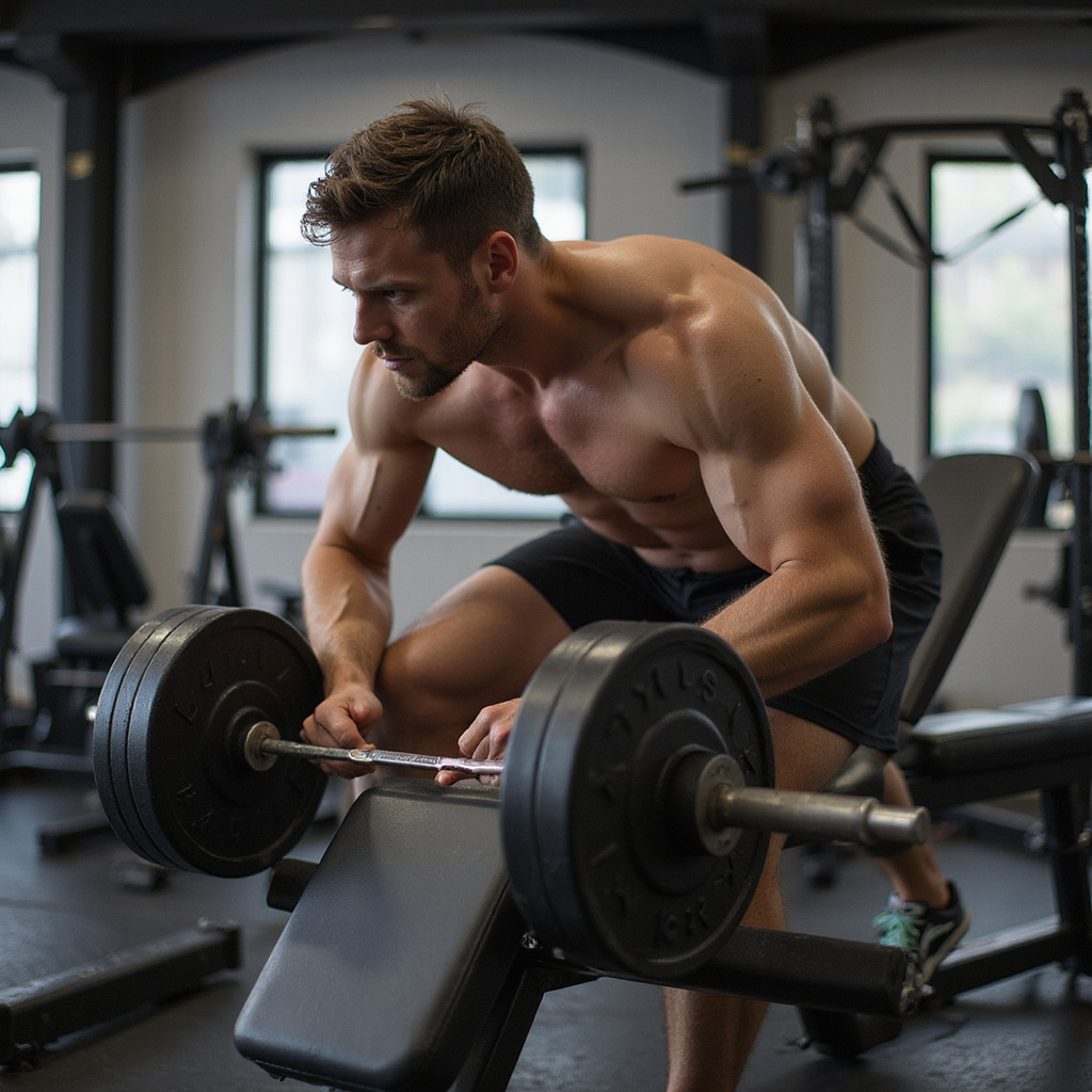 Alt-text: Mężczyzna wykonujący ćwiczenia na ławeczce treningowej, skupiony na prawidłowym oddychaniu.