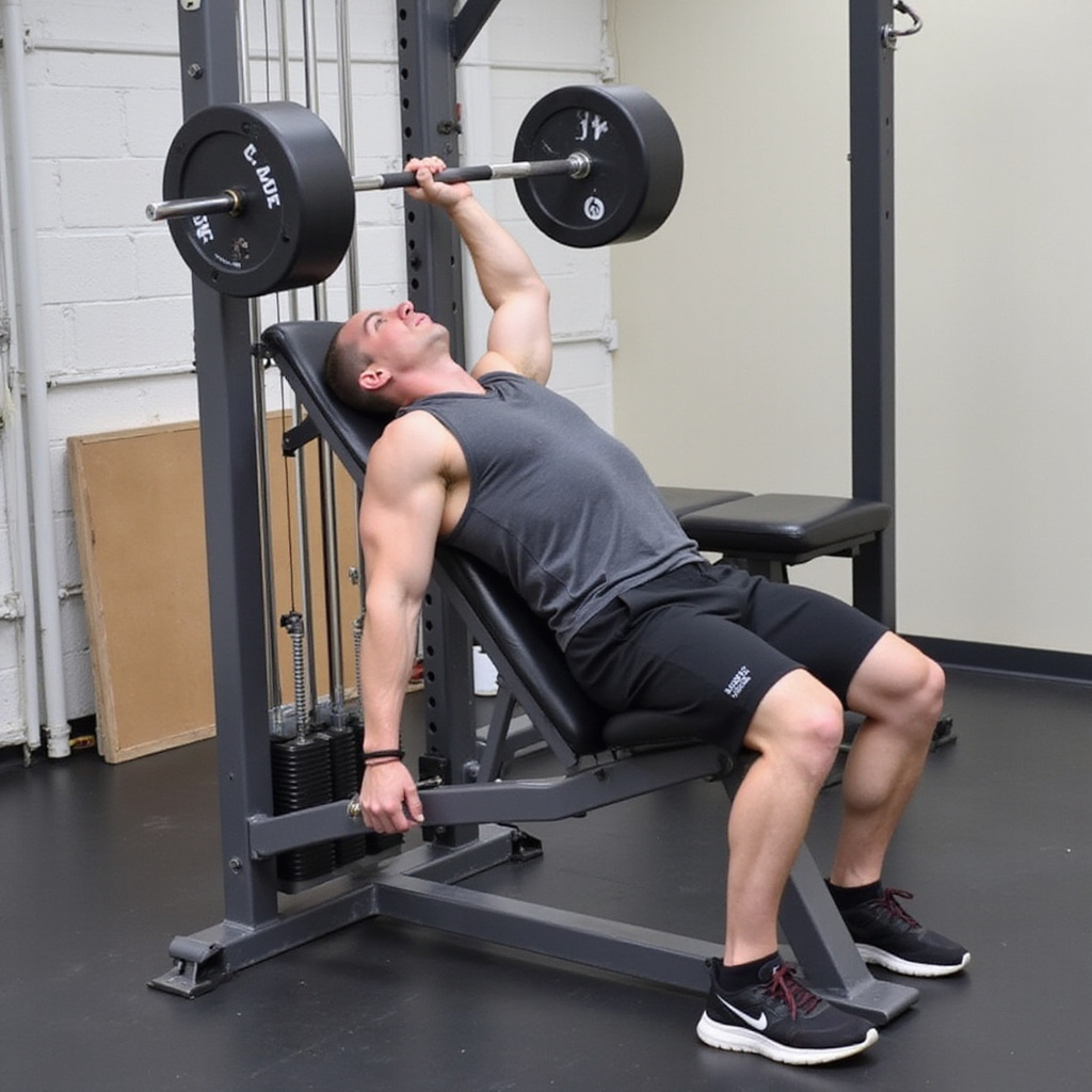 alt-text: Mężczyzna wyciskający hantle na ławeczce skośnej, z widocznym zaangażowaniem mięśni klatki piersiowej i ramion.