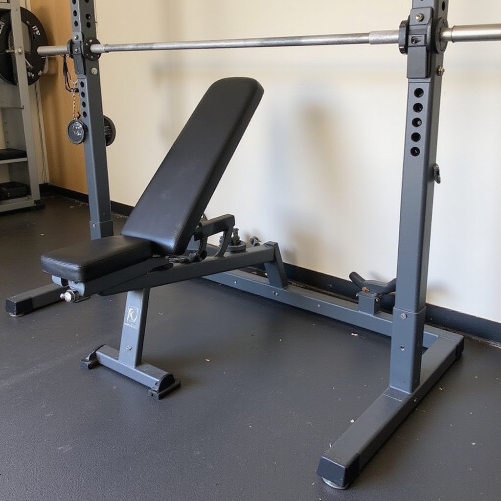 alt-text: Ławeczka treningowa ustawiona w jasnym pokoju z matą do ćwiczeń i hantlami obok, idealna przestrzeń do domowych treningów.