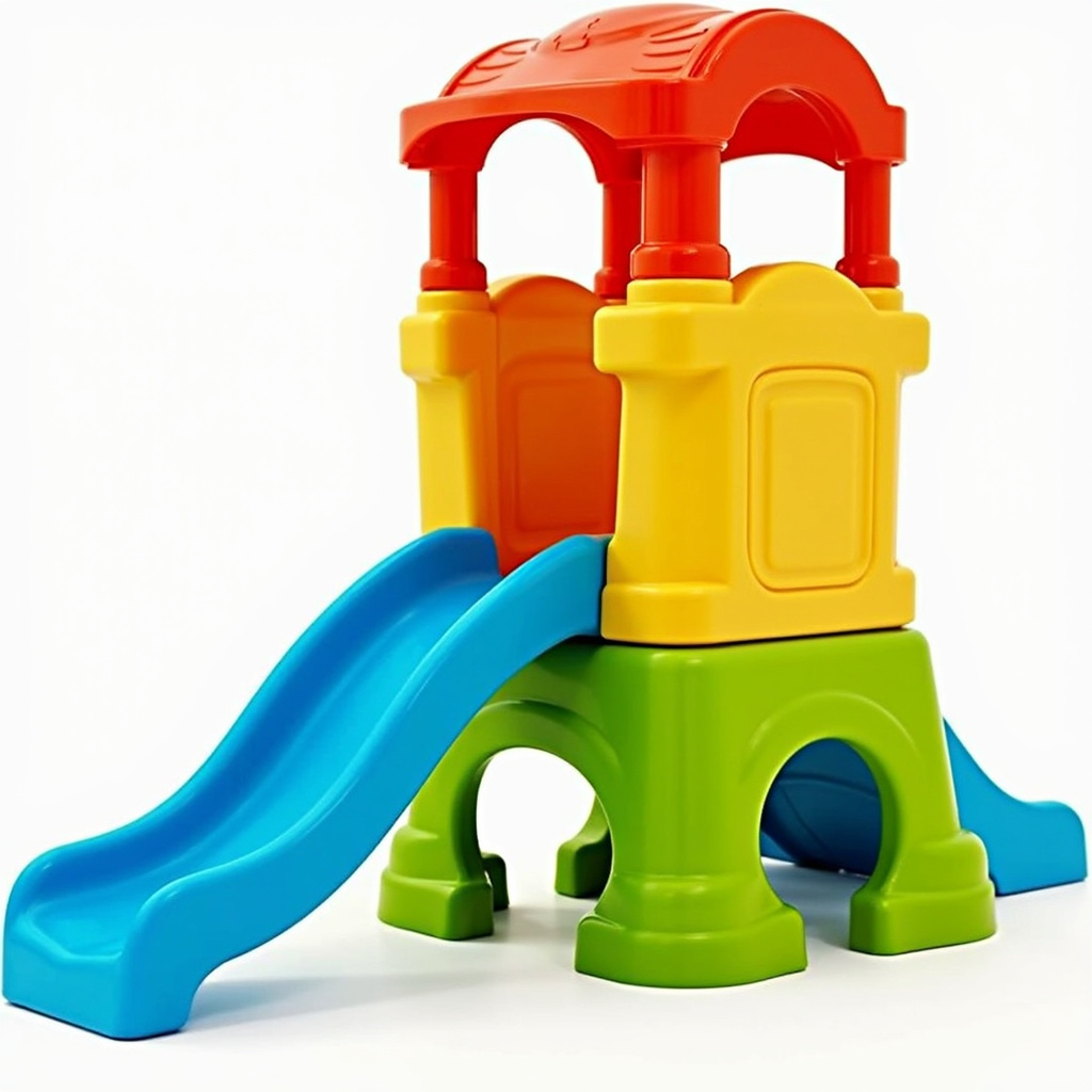 Alt-text: Dziecko uśmiecha się, zjeżdżając po kolorowej zjeżdżalni ogrodowej, podczas gdy rodzice obserwują je z boku.