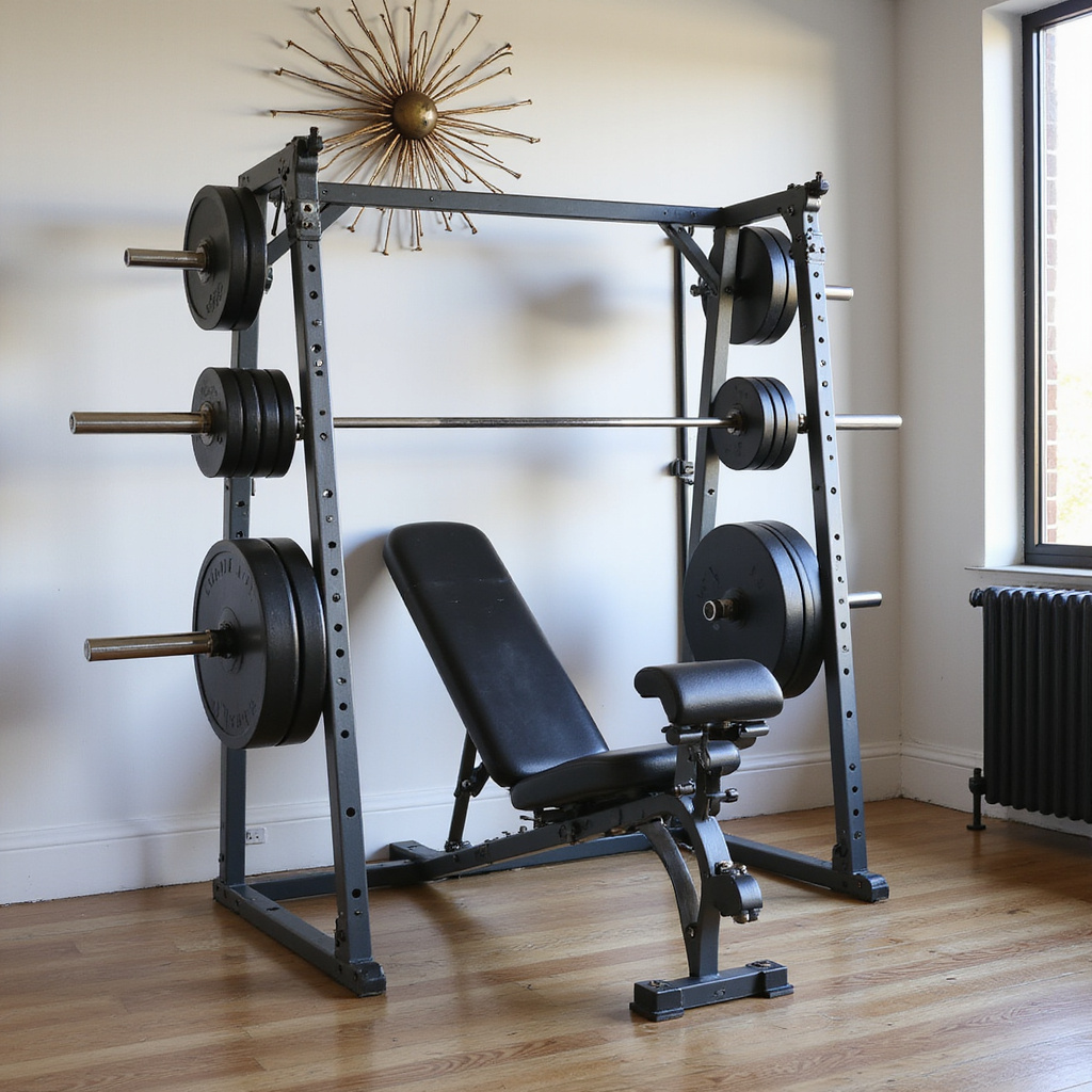 Alt-text: Ławka treningowa z hantlami i stojakami na obciążenia, umieszczona w dobrze zorganizowanej przestrzeni domowej siłowni.