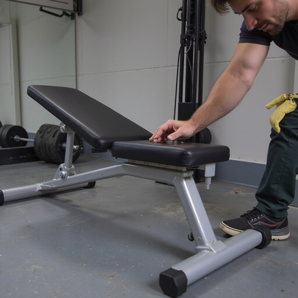 Alt-text: Mężczyzna czyści ławeczkę treningową miękką ściereczką w domowej siłowni.