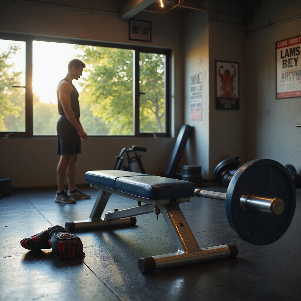 Alt-text: Mężczyzna wykonujący wyciskanie na ławce treningowej z asekuracją, w tle widoczne stojaki na obciążenia.
