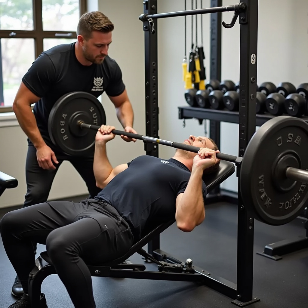 alt-text: Mężczyzna ćwiczy wyciskanie na ławce z asekuracją, obok niego stoi partner treningowy, gotowy do pomocy.