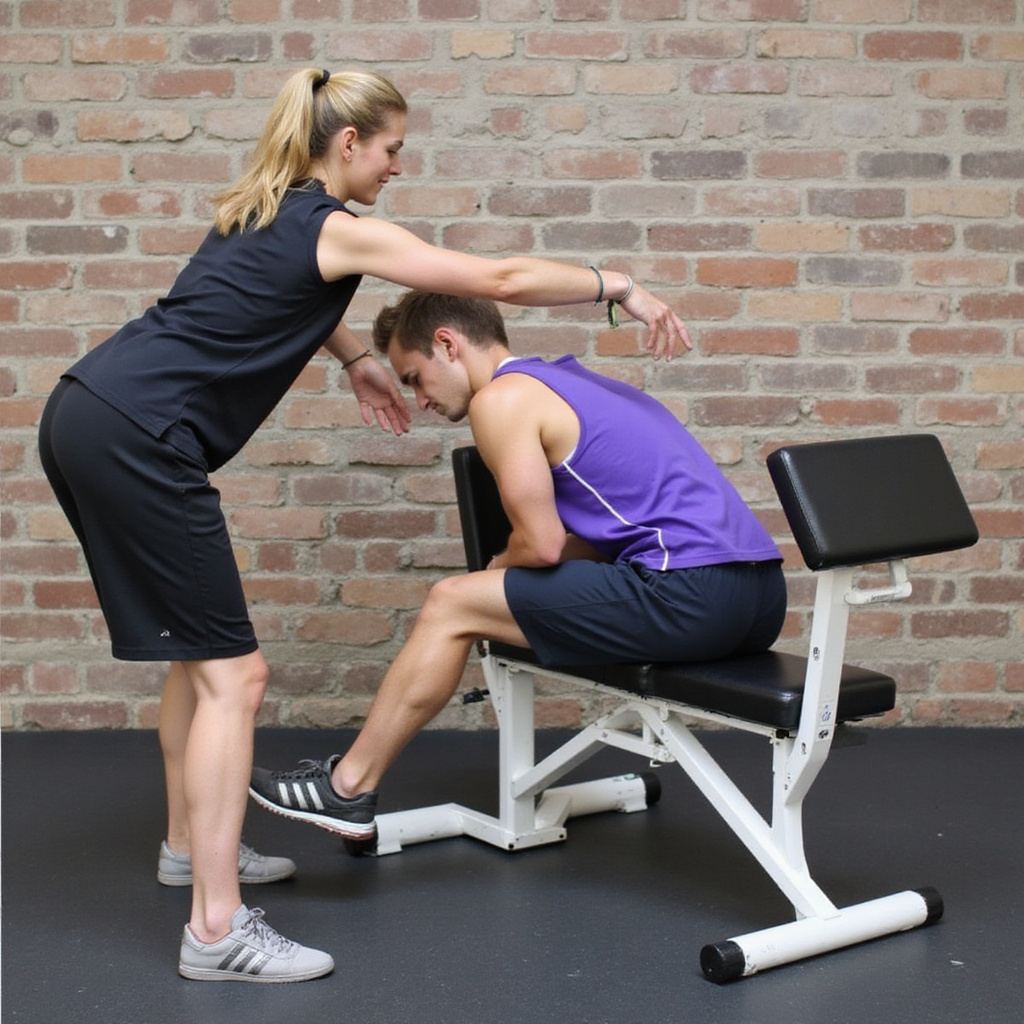 Alt-text: Mężczyzna wykonuje ćwiczenie na ławeczce treningowej, pokazując prawidłową technikę dla początkujących.