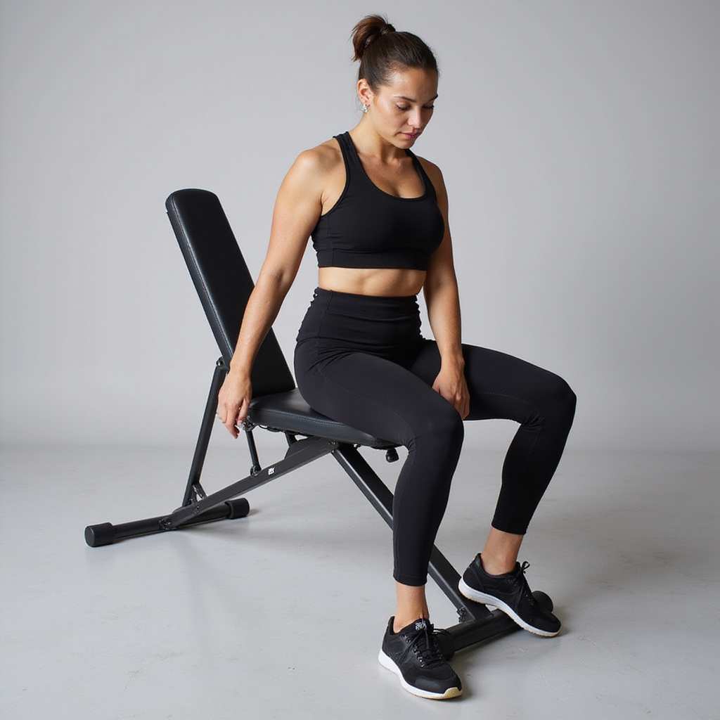 Kobieta ćwicząca na regulowanej ławce treningowej w domowej siłowni, z uśmiechem na twarzy, w tle widoczne hantle i inne akcesoria fitness.