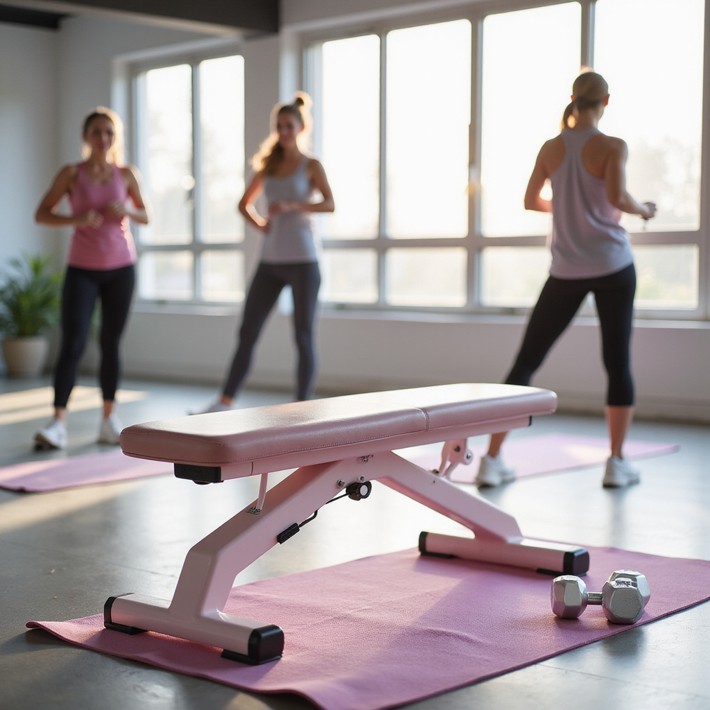 Kobieta ćwicząca na regulowanej ławce treningowej w domowej siłowni, z uśmiechem na twarzy, w tle widoczne hantle i inne akcesoria fitness.