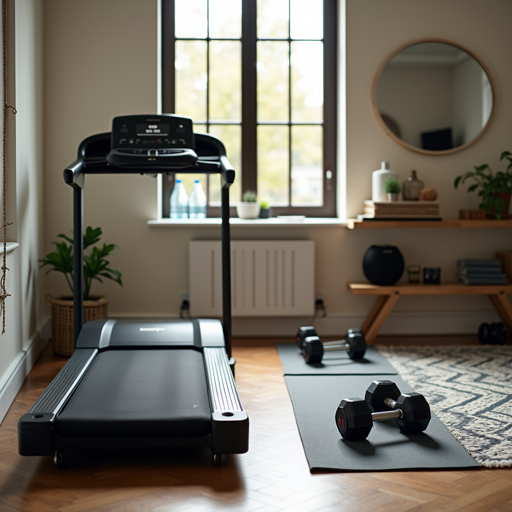 Alt-text: Mężczyzna ćwiczący na domowej siłowni, korzystający z ławki treningowej i hantli, w tle widoczne stojaki na obciążenia.