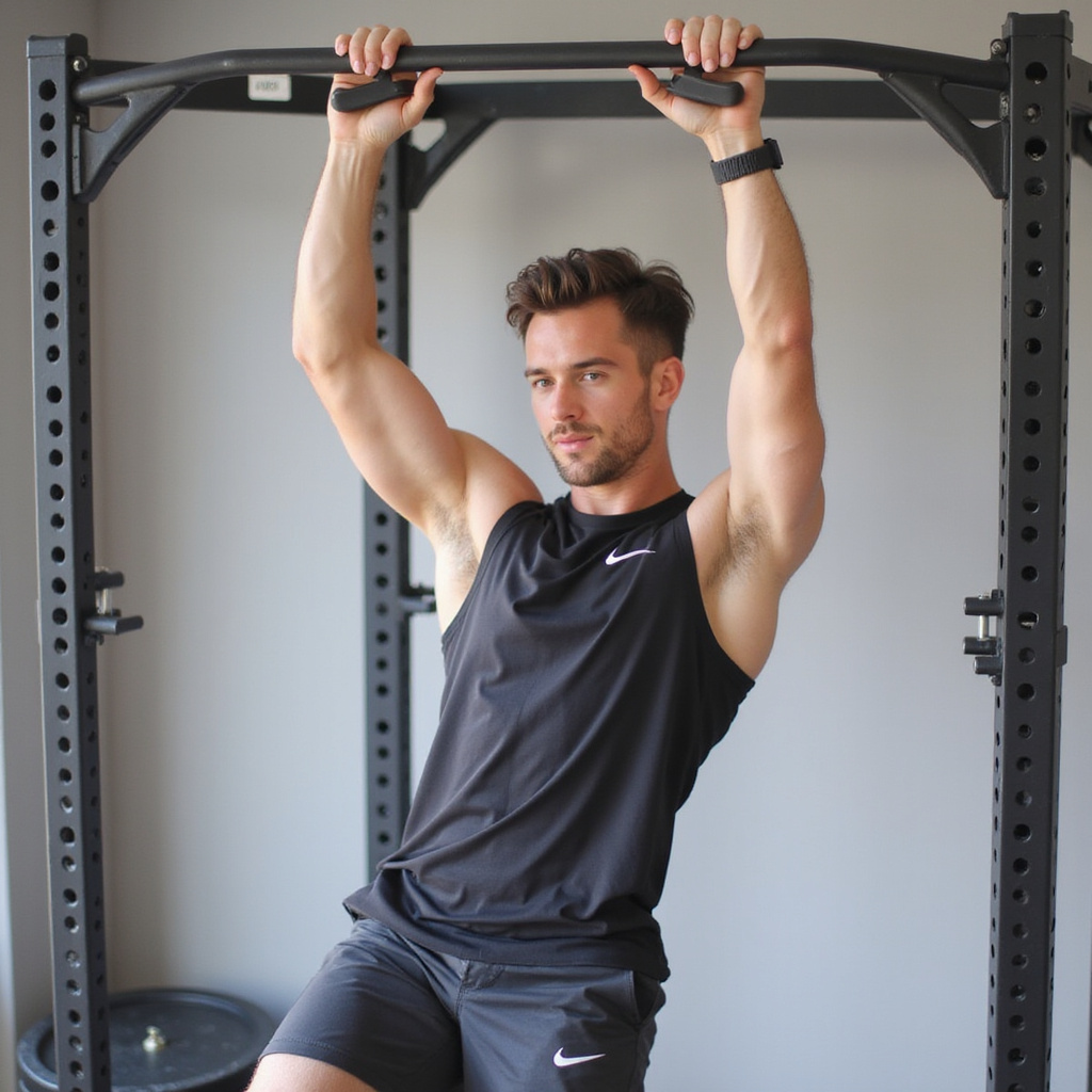 Mężczyzna wykonujący podciąganie na drążku treningowym w domowej siłowni, z widocznymi mięśniami ramion i pleców.