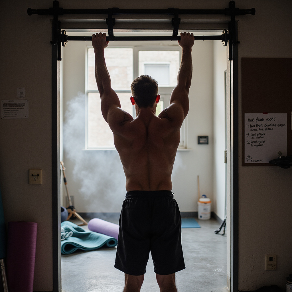 Mężczyzna wykonujący podciąganie na drążku treningowym w domowej siłowni, z widocznymi mięśniami ramion i pleców.