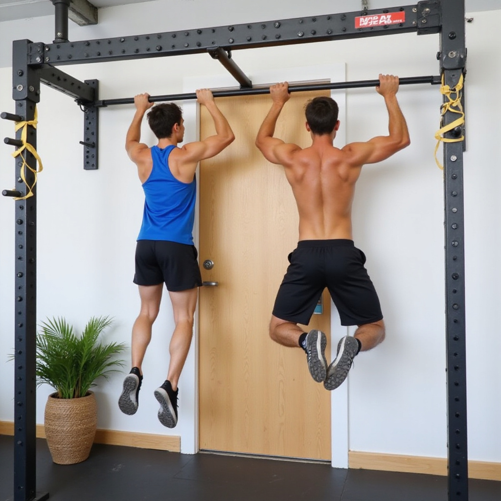 Alt-text: Nastolatek wykonujący podciąganie na drążku treningowym w domowym zaciszu.