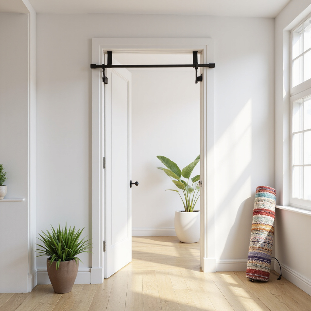 Alt-text: Mężczyzna ćwiczący na drążku treningowym zamontowanym w drzwiach małego mieszkania.