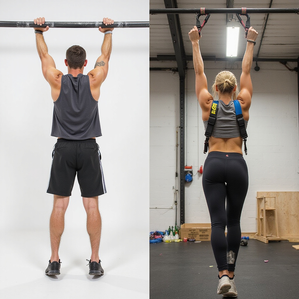 Alt-text: Mężczyzna wykonujący ćwiczenia na drążku do podciągania i kobieta używająca taśm TRX do treningu na świeżym powietrzu.