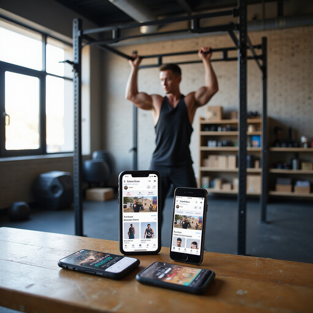 Alt-text: Mężczyzna ćwiczący na drążku do podciągania w domowym zaciszu, porównujący zakupy online i w sklepie stacjonarnym.