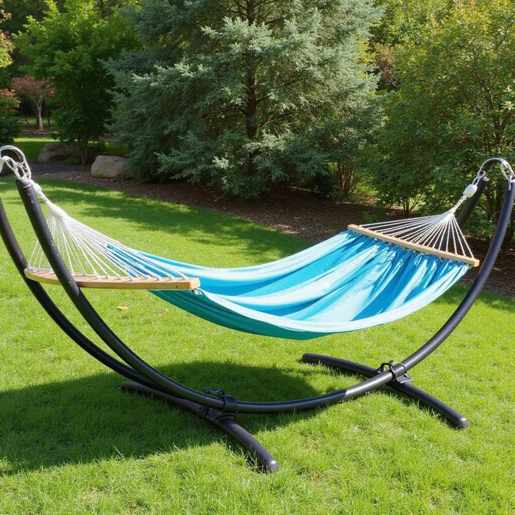 Alt-text: Nowoczesny hamak ogrodowy zawieszony między dwoma drzewami, idealny do relaksu na świeżym powietrzu.