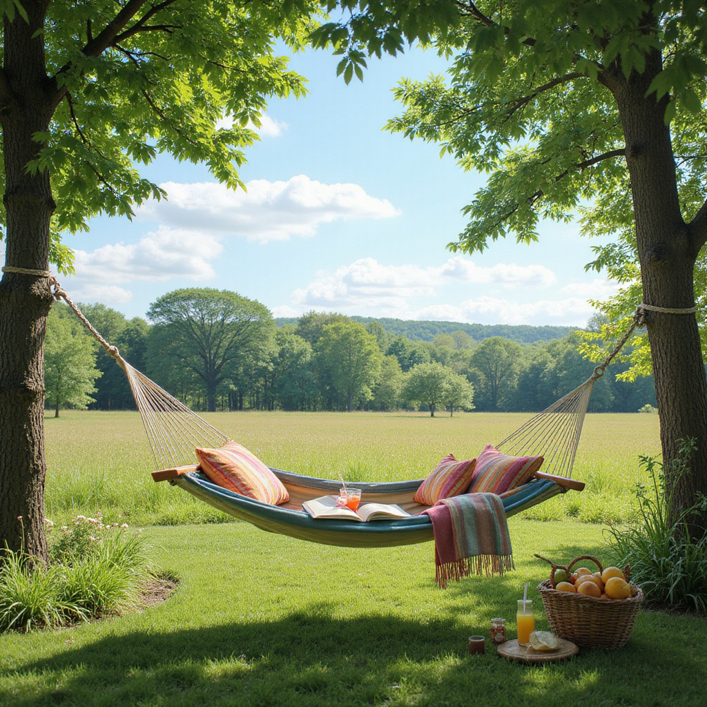 Alt-text: Nowoczesny hamak ogrodowy zawieszony między dwoma drzewami, idealny do relaksu na świeżym powietrzu.