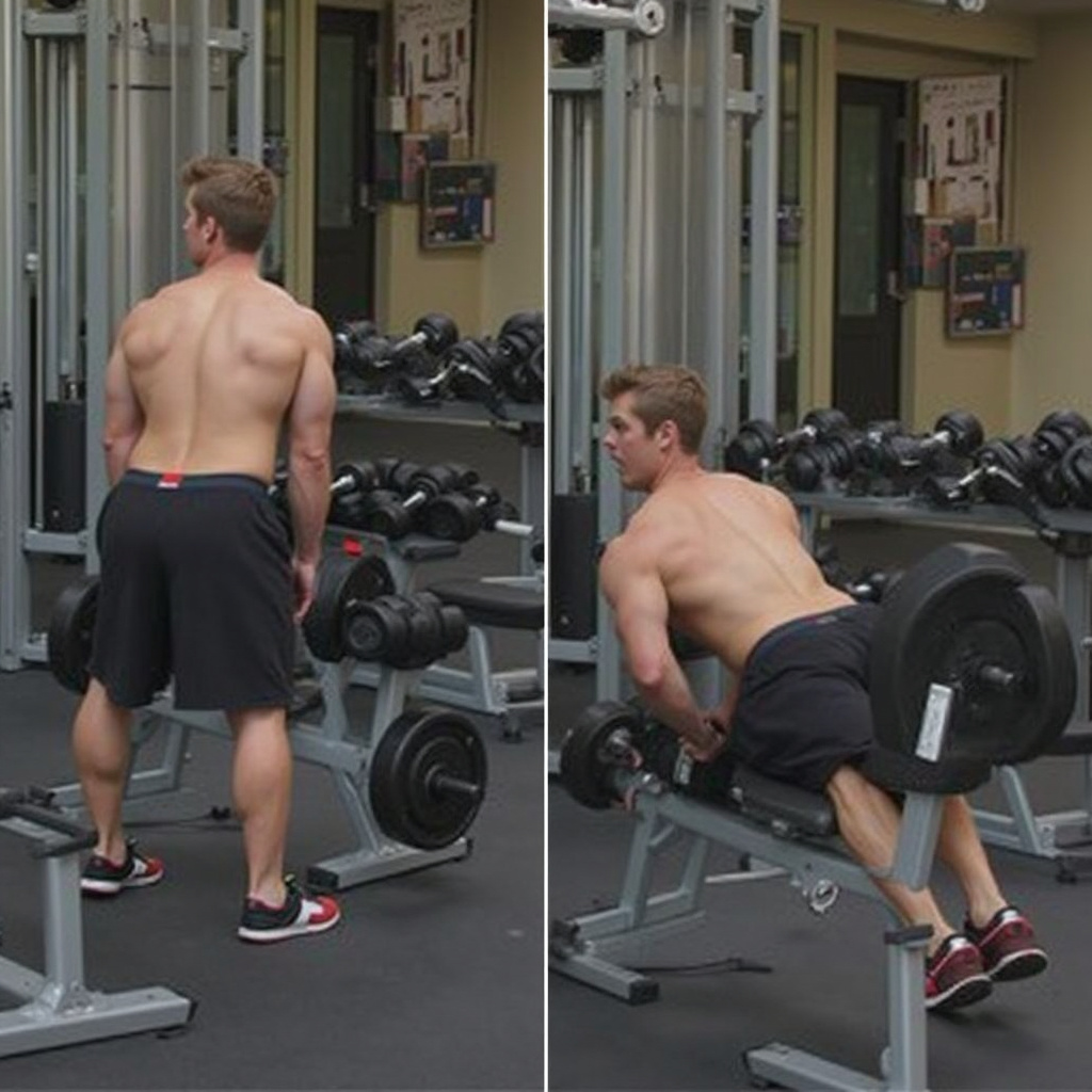 Alt-text: Mężczyzna wykonujący ćwiczenia na ławeczce z hantlami i sztangą w domowej siłowni.