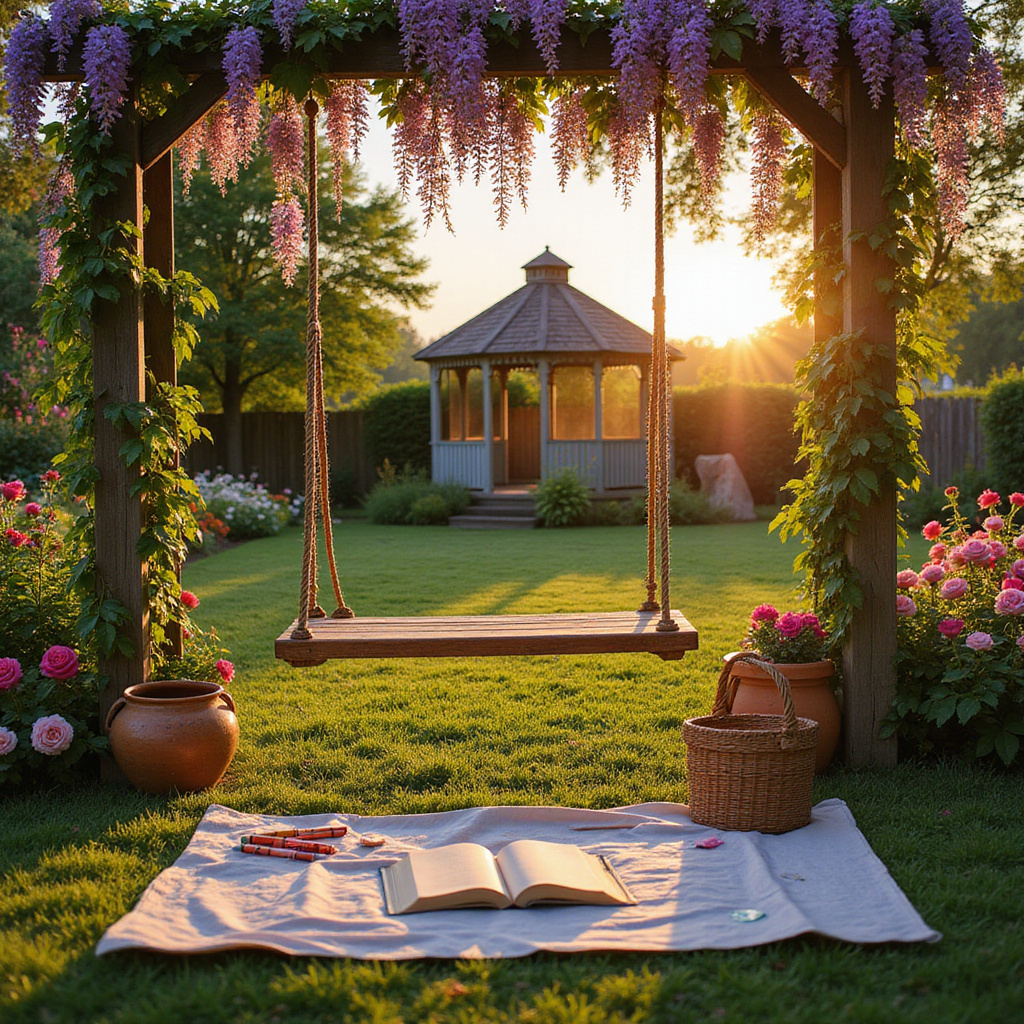 Alt-text: Rodzinna huśtawka w pięknie zaprojektowanym ogrodzie, idealna do zabawy i relaksu.