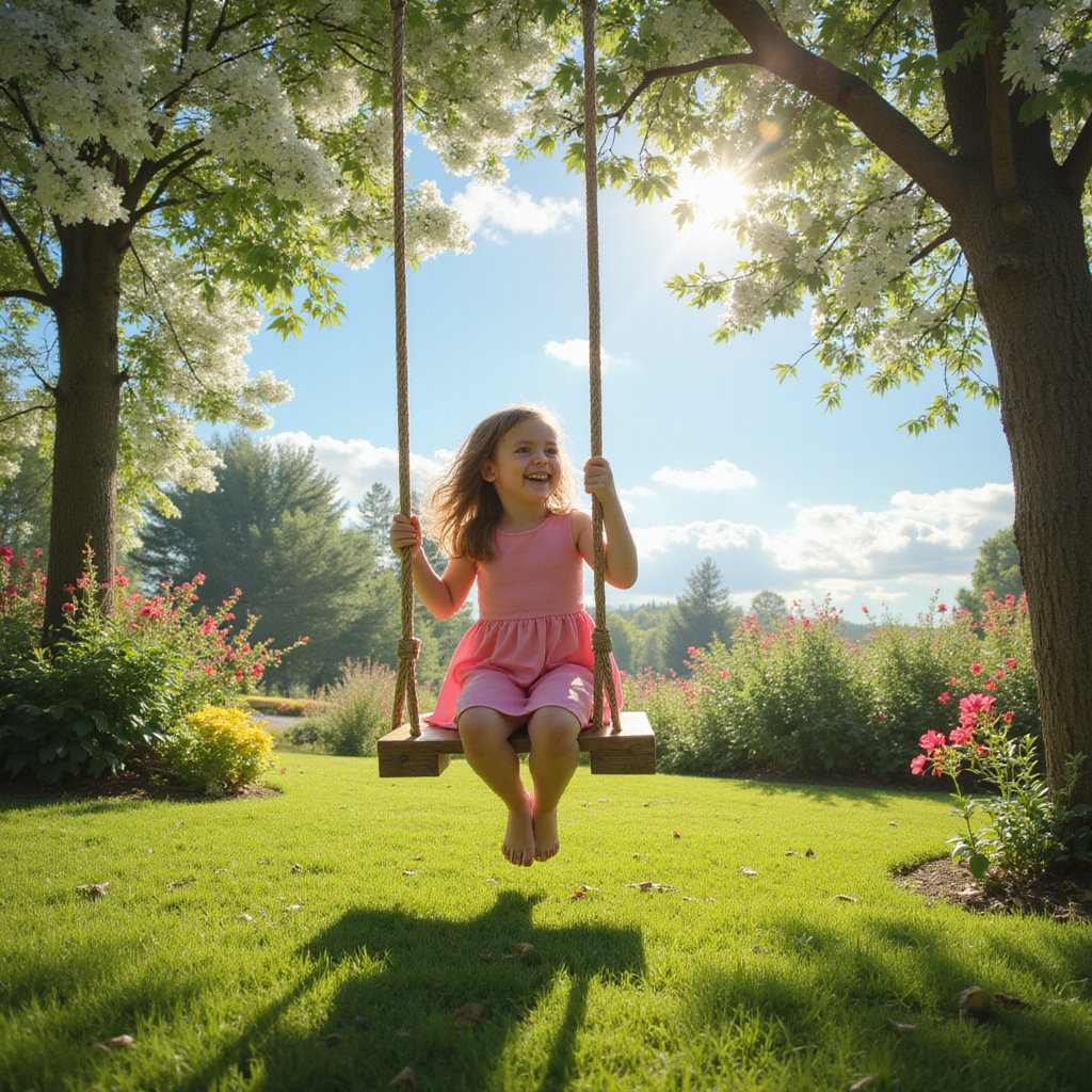 Dziecko uśmiechnięte, huśtające się na huśtawce w ogrodzie, rozwijające równowagę i koordynację ruchową.