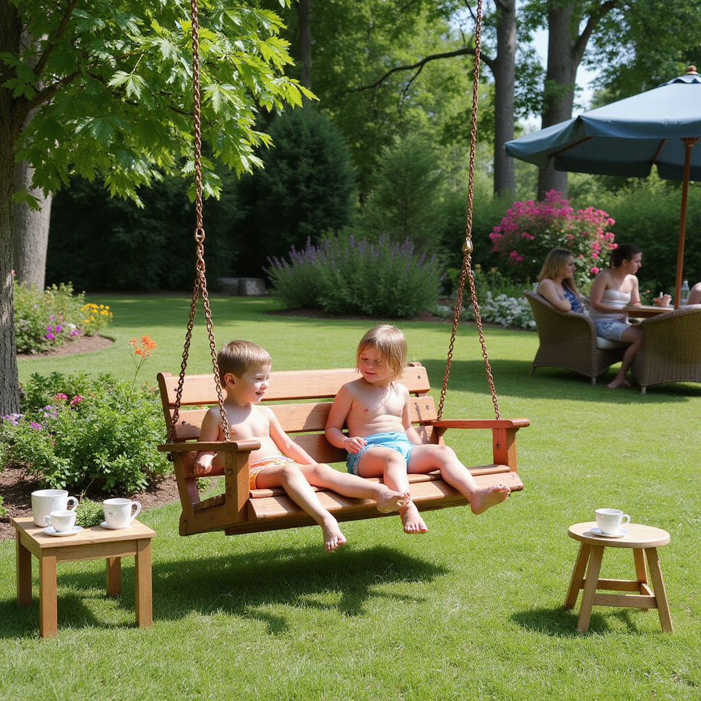 Alt-text: Nowoczesna huśtawka ogrodowa w ogrodzie, idealna do zabawy i relaksu dla całej rodziny.