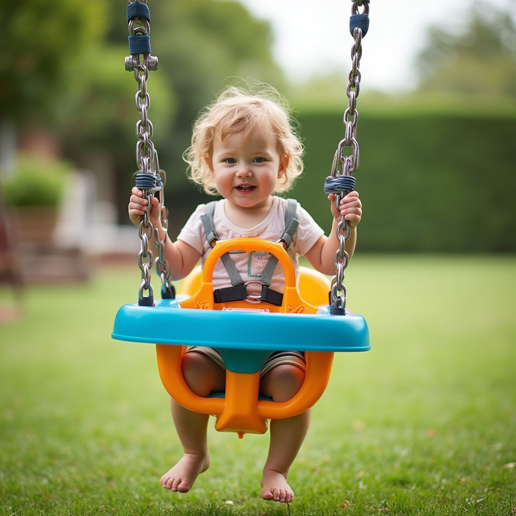 Dziecko bawiące się na huśtawce ogrodowej dostosowanej do jego wieku, z uśmiechem na twarzy i pełne radości.