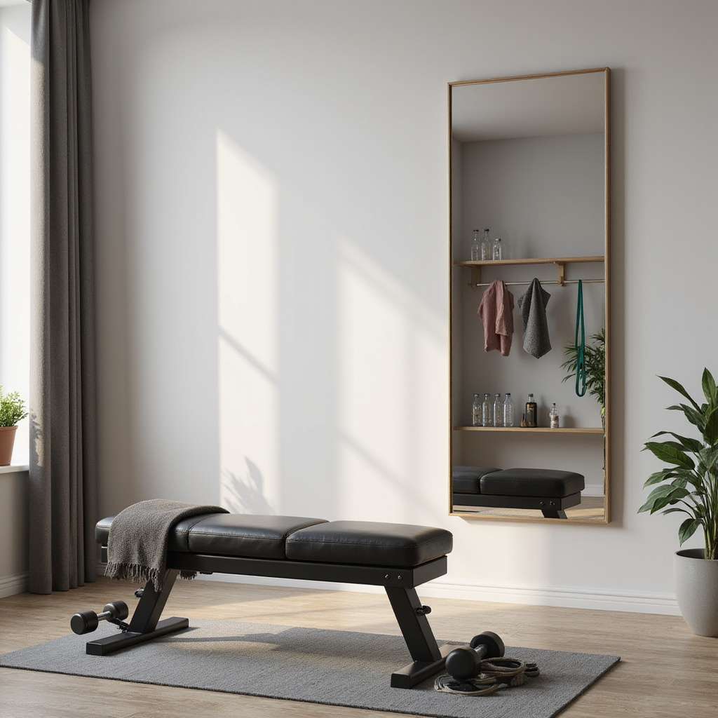 Alt-text: Lustro w domowej siłowni z ławeczką treningową, idealne do kontrolowania techniki i motywacji podczas ćwiczeń.