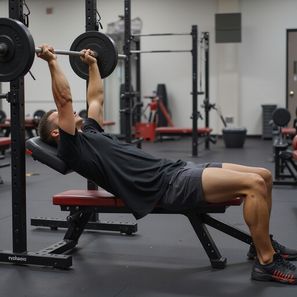 Mężczyzna wykonujący ćwiczenia na ławeczce treningowej, zwracający uwagę na prawidłową technikę i postawę.