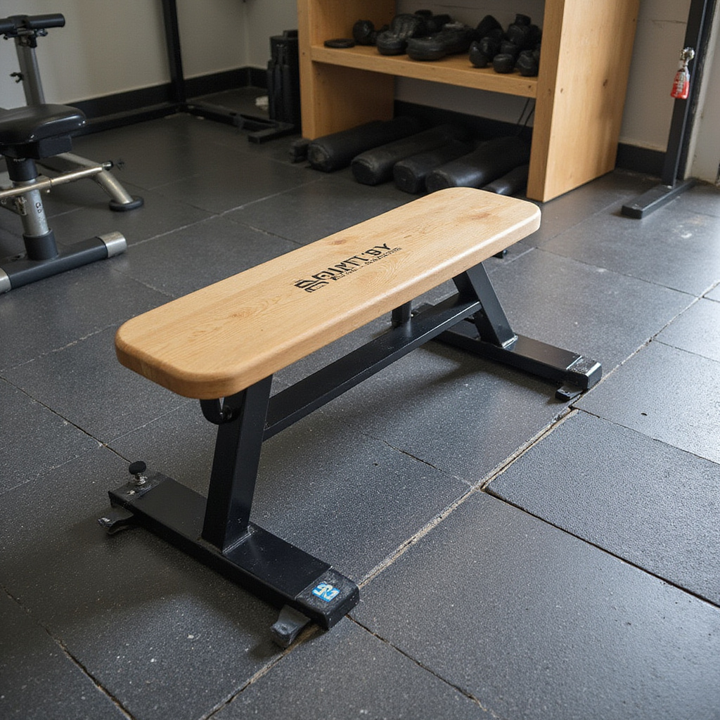 Alt-text: Mata gumowa pod ławeczką treningową w domowej siłowni, zapewniająca stabilność i amortyzację podczas ćwiczeń.