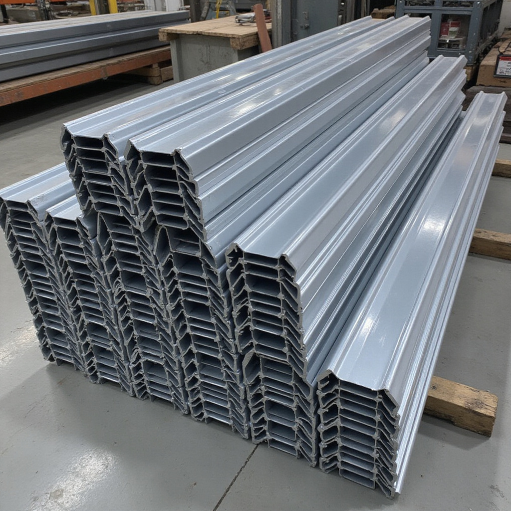 Alt-text: Różne rodzaje profili stalowych, takich jak kątowniki, ceowniki i teowniki, ułożone na stole warsztatowym.