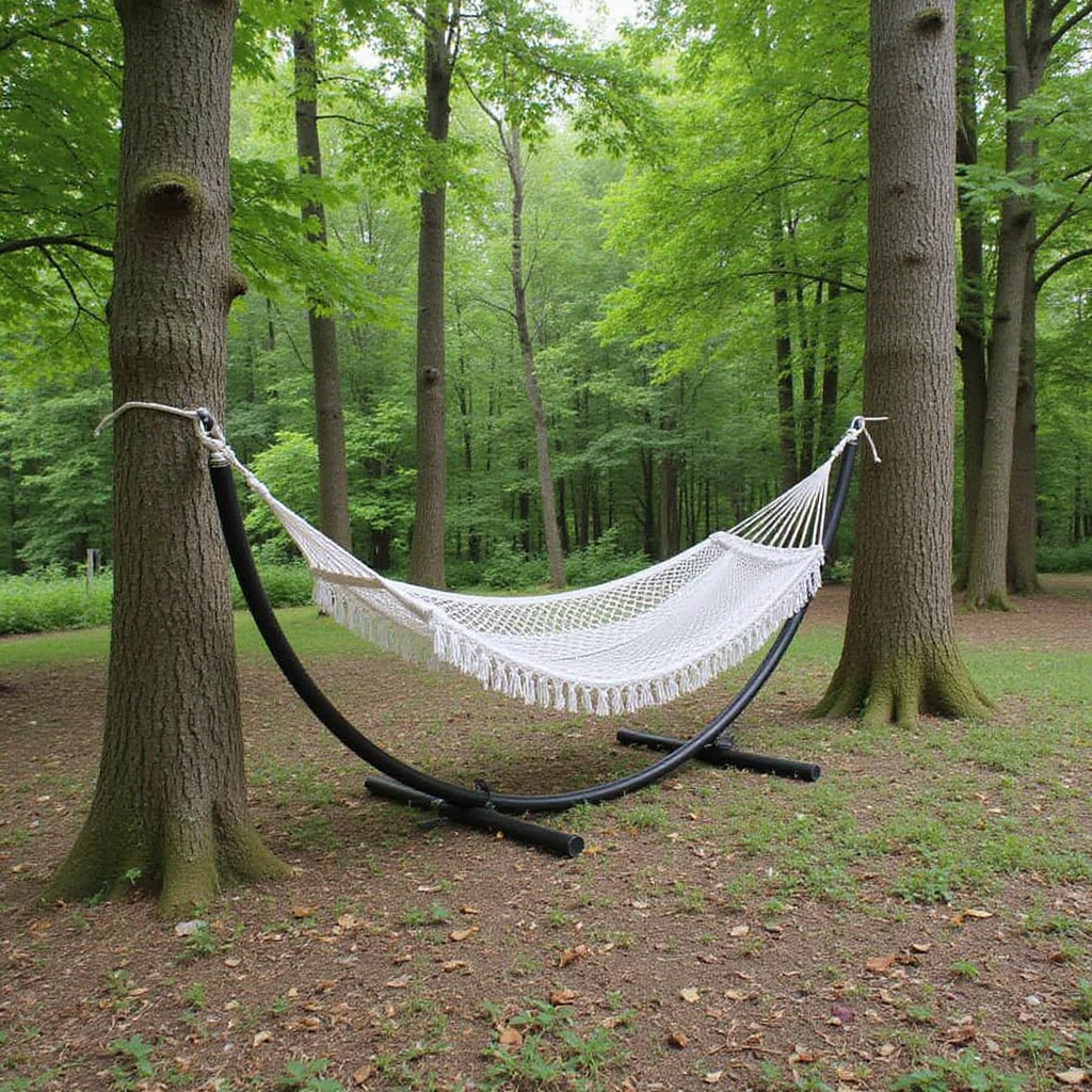 Alt-text: Zdjęcie przedstawiające hamak zawieszony między drzewami oraz hamak na stelażu w ogrodzie, pokazujące różnice między obiema opcjami.