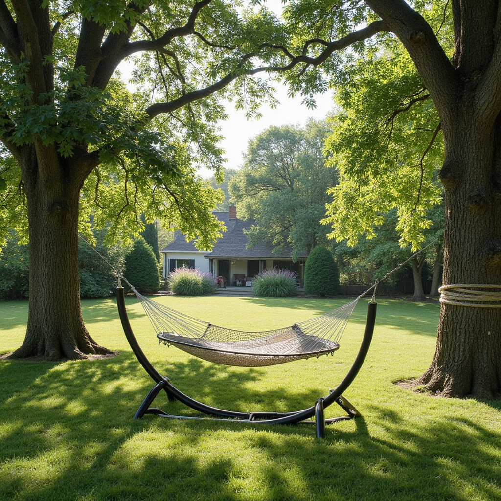 Alt-text: Zdjęcie przedstawiające hamak zawieszony między drzewami oraz hamak na stelażu w ogrodzie, pokazujące różnice między obiema opcjami.