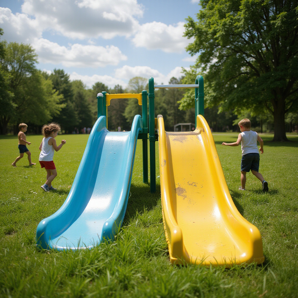 Alt-text: Dziecko zjeżdżające z nowej, kolorowej zjeżdżalni w ogrodzie, uśmiechnięte i pełne radości.