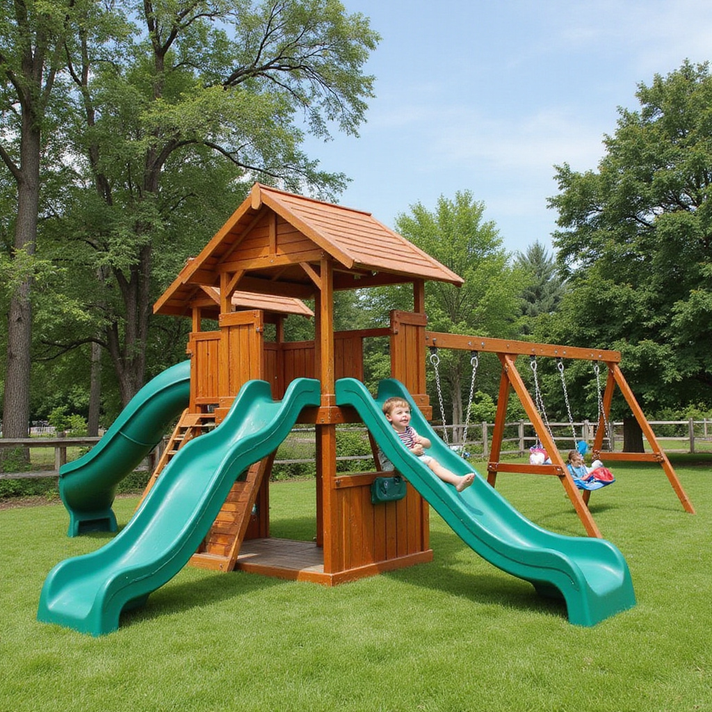 Alt-text: Dziecko zjeżdżające z nowej, kolorowej zjeżdżalni w ogrodzie, uśmiechnięte i pełne radości.