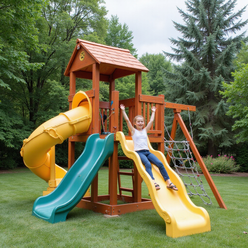 Alt-text: Dziecko bawiące się na nowej, kolorowej zjeżdżalni w ogrodzie.