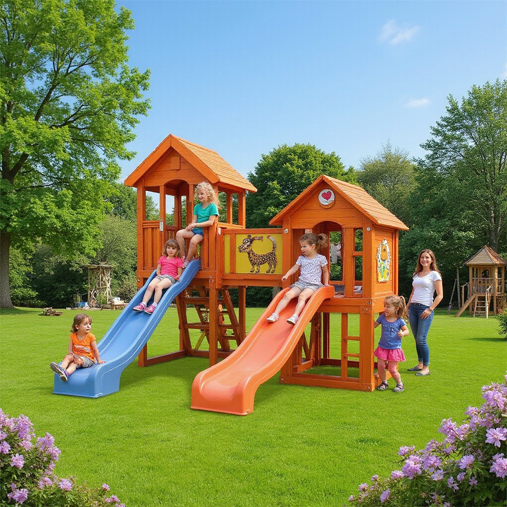 Alt-text: Dzieci bawiące się na zjeżdżalni wolnostojącej i zintegrowanej z placem zabaw w ogrodzie.